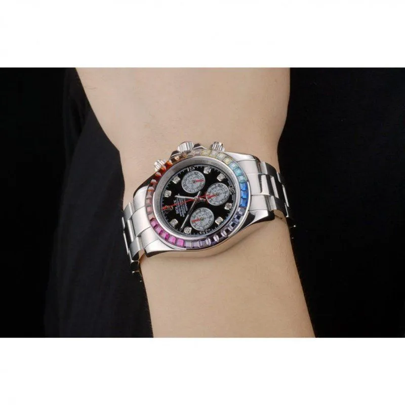 Daytona Cosmograph Rainbow Crystals Bezel Stainless Steep Strap Black Dial 80250