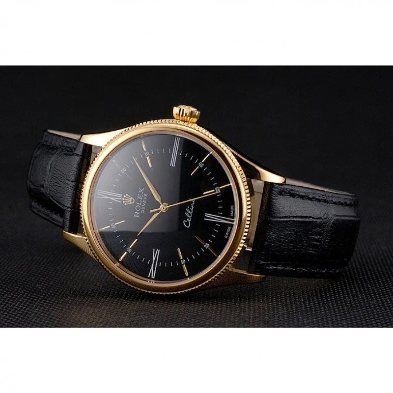 Swiss Cellini Black Dial Roman Numerals Gold Case Black Leather Strap