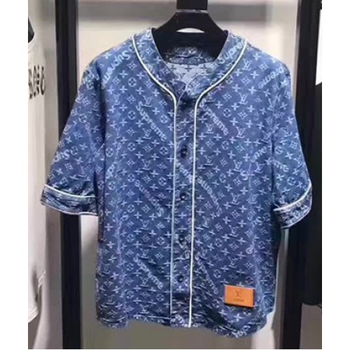 Louis Vuitton Supreme Embroidery Monogram Buttons Front Men's Shirt Blue