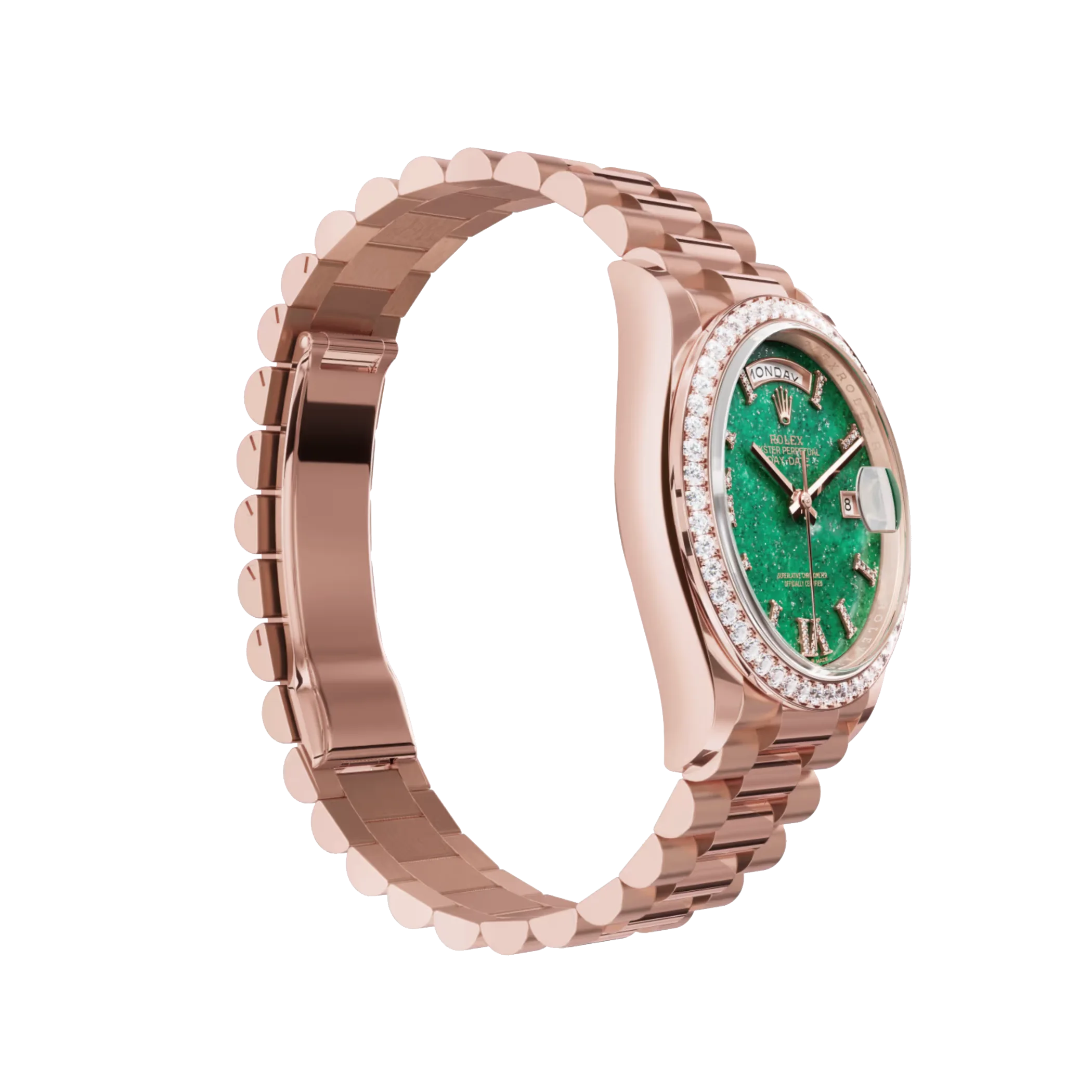 Day-Date: Everose gold, green aventurine, diamond-set dial, diamond-set bezel, President bracelet, m128345rbr-0068