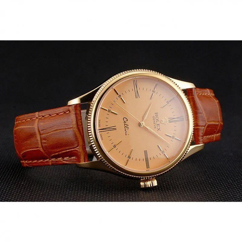 Swiss Cellini Gold Dial Roman Numerals Gold Case Light Brown Leather Strap