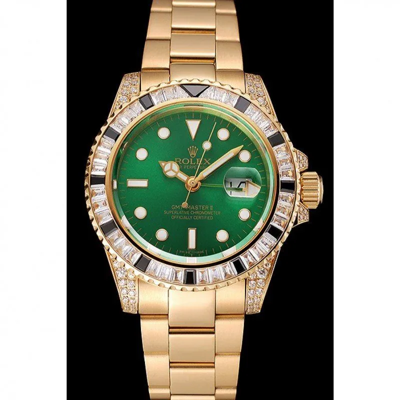 Swiss GMT Master II Green Dial Stone Set Bezel Gold Case And Bracelet 1453748