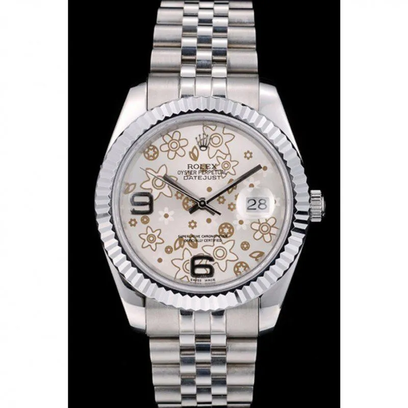 Swiss DateJust Stainless Steel Ribbed Bezel Flower Silver Dial 42001
