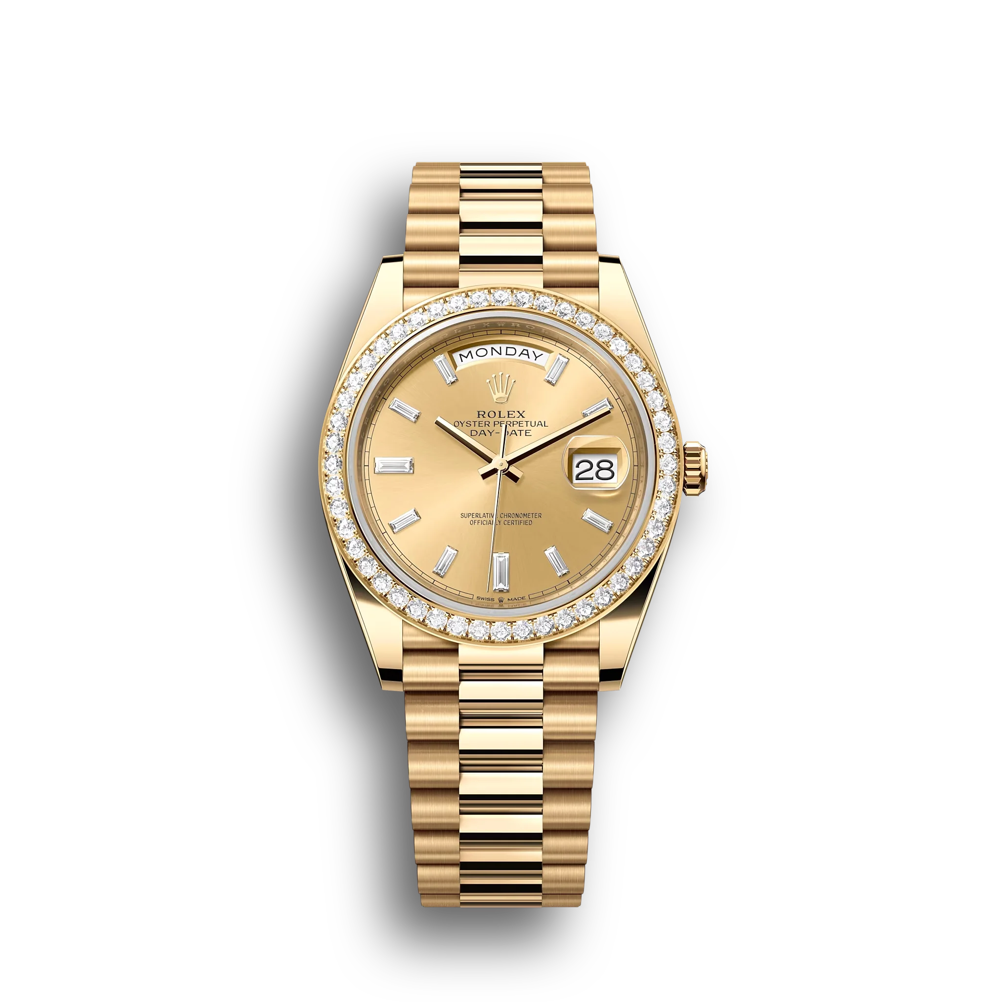 Day-Date: Yellow gold, with a champagne colour, Diamond-set dial, Diamond-set bezel and a President bracelet, m228348rbr-0002