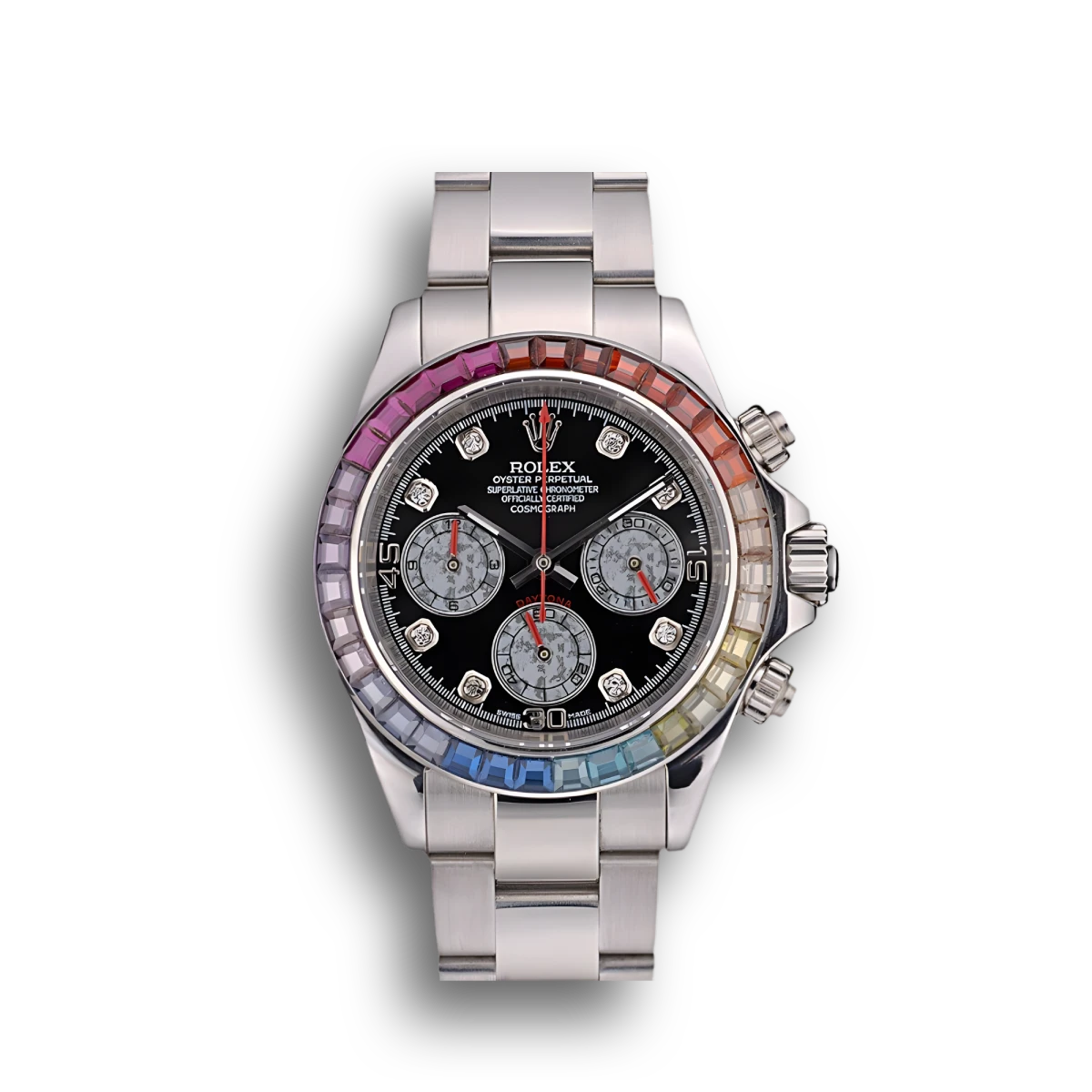 Daytona Cosmograph Rainbow Crystals Bezel Stainless Steep Strap Black Dial 80250