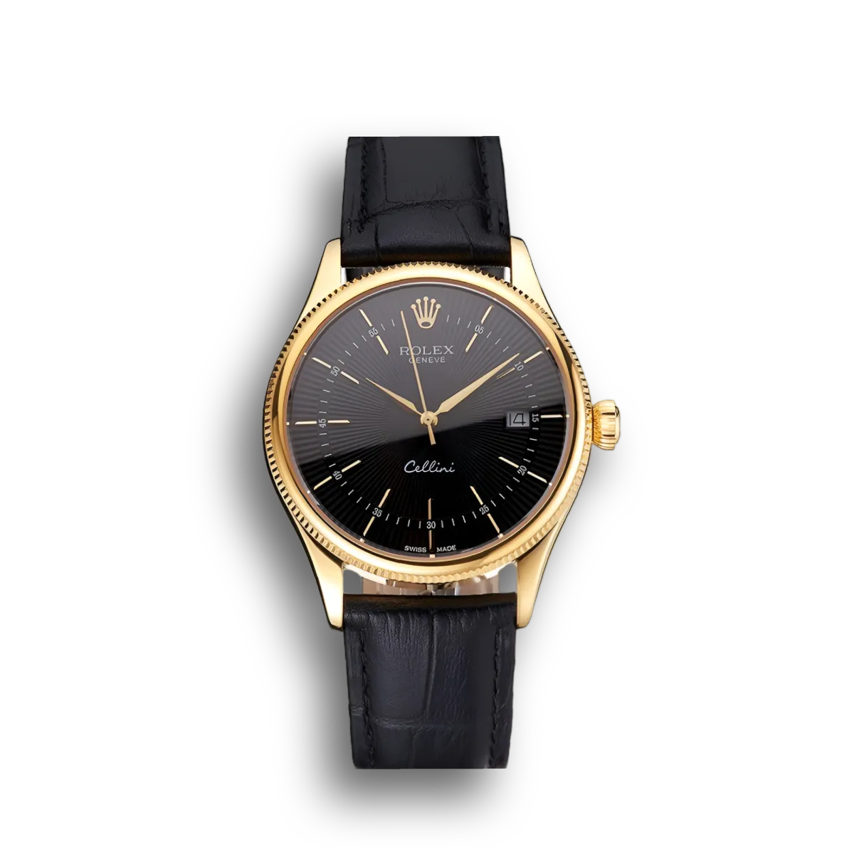 Cellini Date Black Dial Gold Case Black Leather Strap