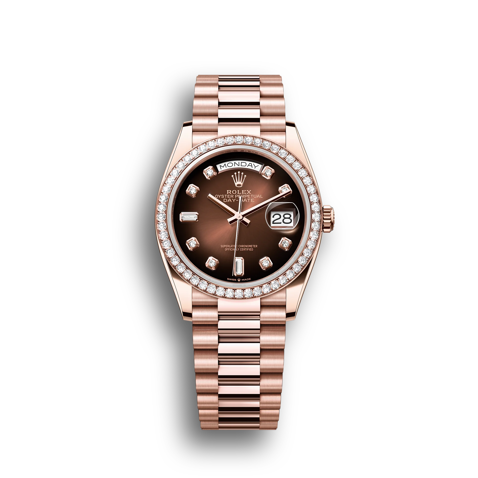 Day-Date: Everose gold, brown ombré, diamond-set dial, diamond-set bezel, President bracelet, m128345rbr-0040
