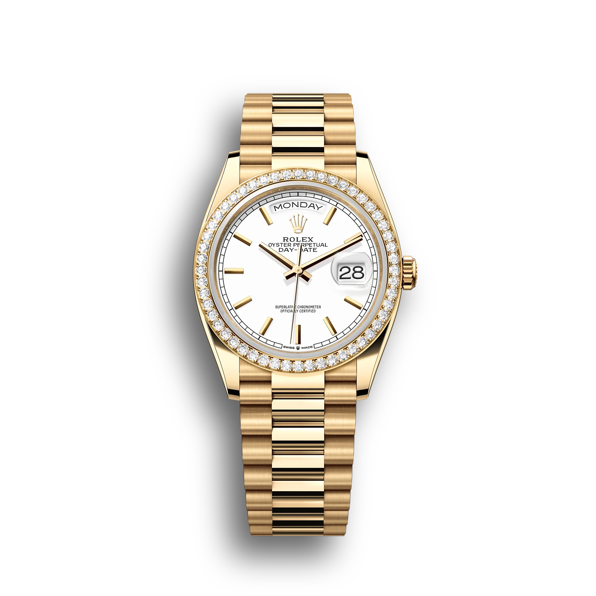 Day-Date: Yellow gold, white dial, diamond-set bezel, President bracelet, m128348rbr-0047