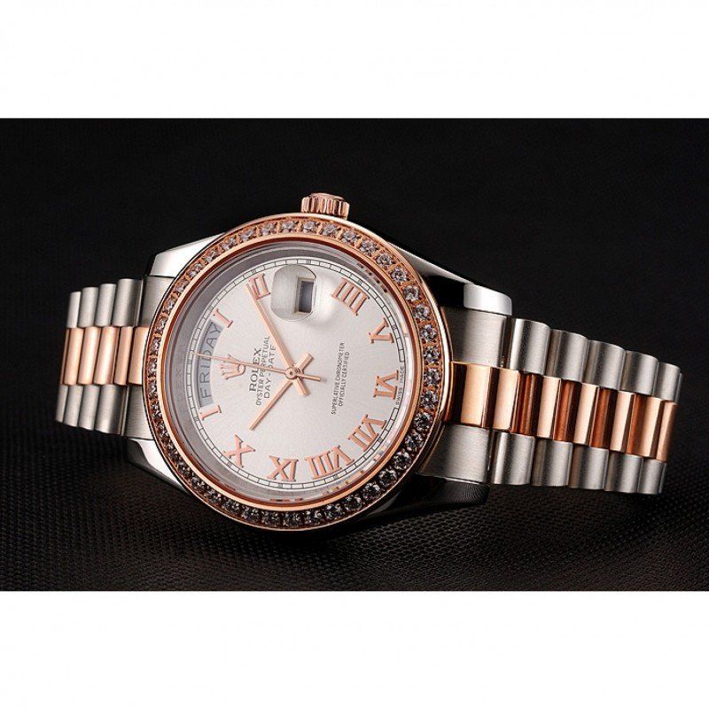 Swiss Day-Date Diamonds Bezel White Dial Rose Gold And Staineless Steel Bracelet 1454108