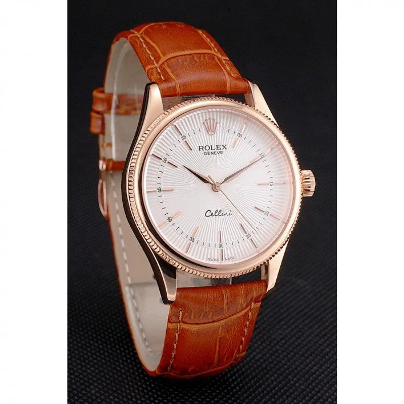 Swiss Cellini White Dial Rose Gold Case Brown Leather Strap