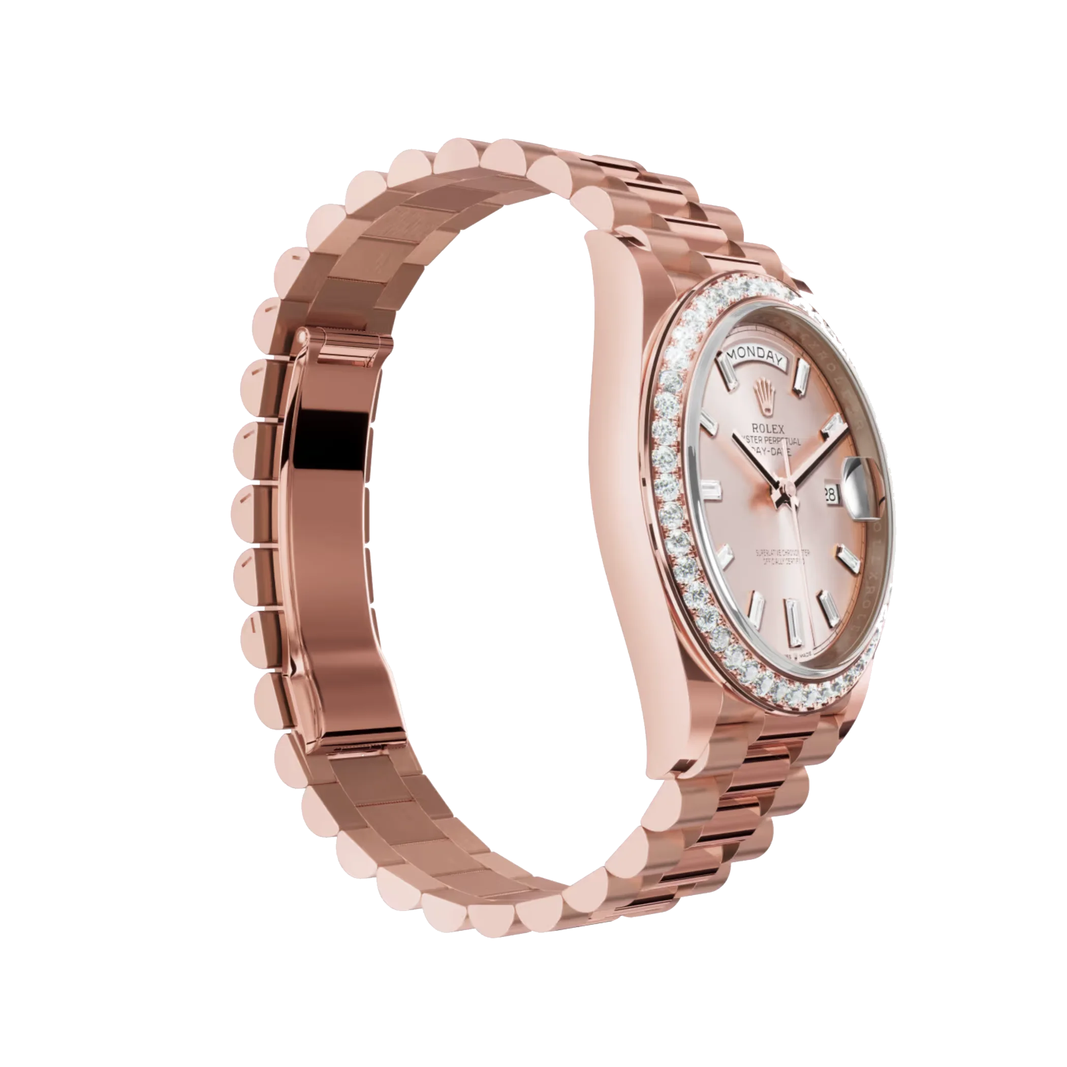 Day-Date: 40 Everose gold, with a sundust, diamond-set dial, diamond-set bezel and a President bracelet, m228345rbr-0007