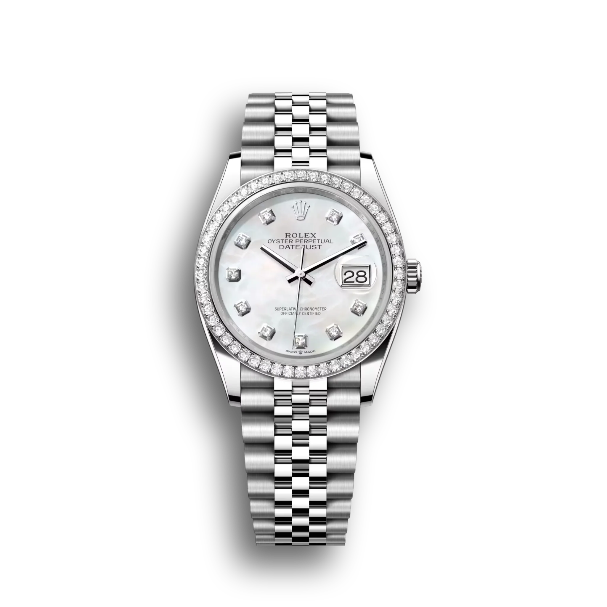Datejust: White gold, white mother-of-pearl, diamond-set dial, Jubilee bracelet, m126284rbr-0011