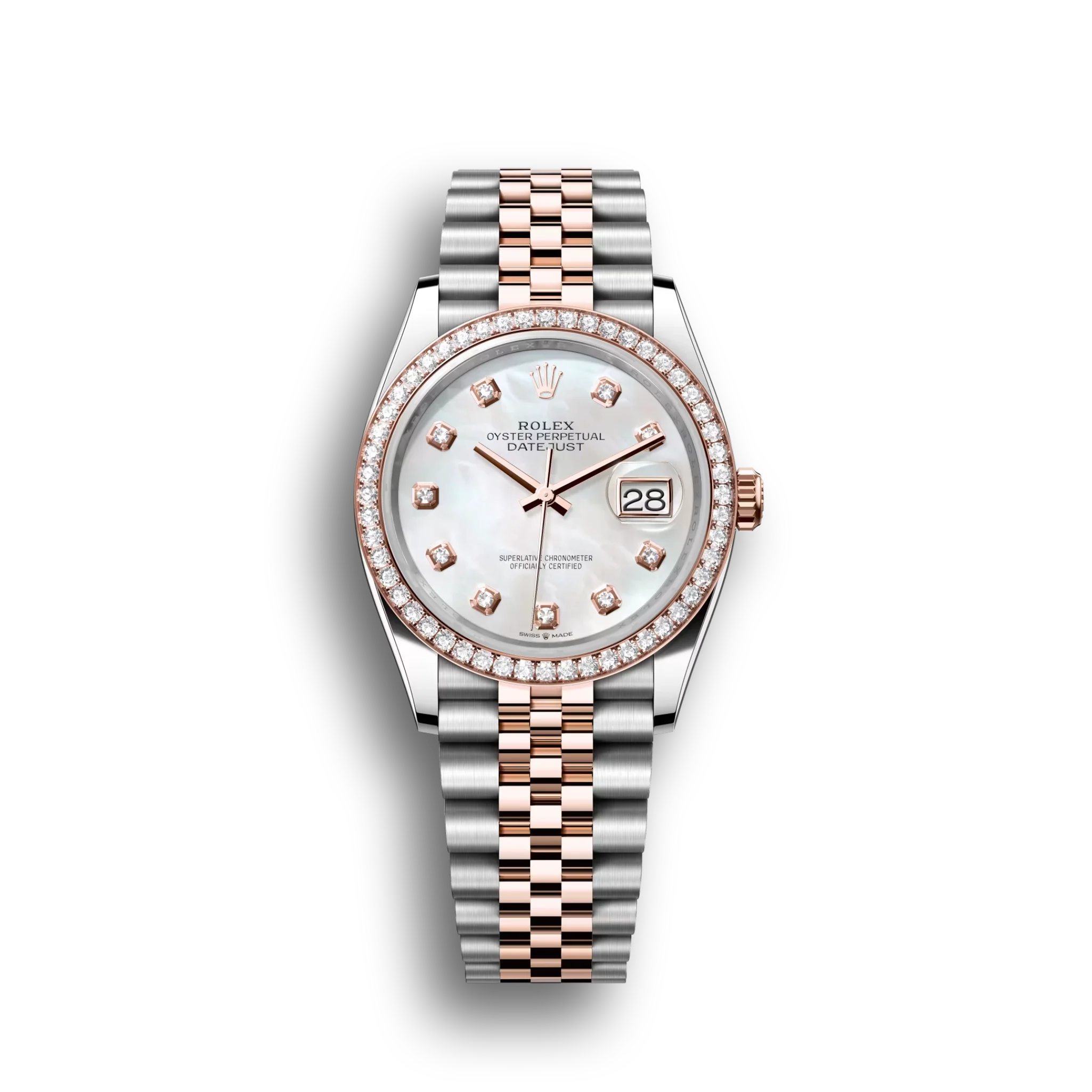 Datejust: Everose gold, white mother-of-pearl, diamond-set dial, Jubilee bracelet, m126281rbr-0009