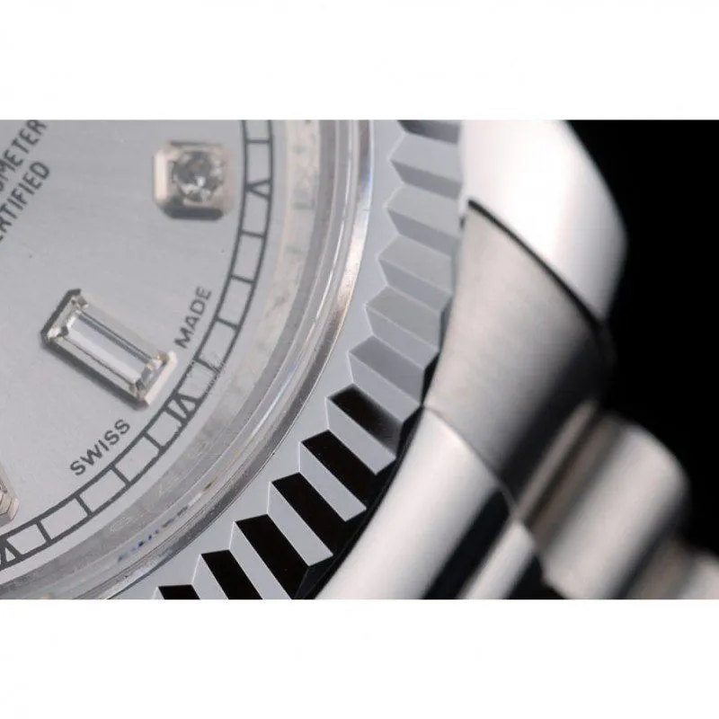 Swiss DayDate Stainless Steel Ribbed Bezel Silver Dial 41995