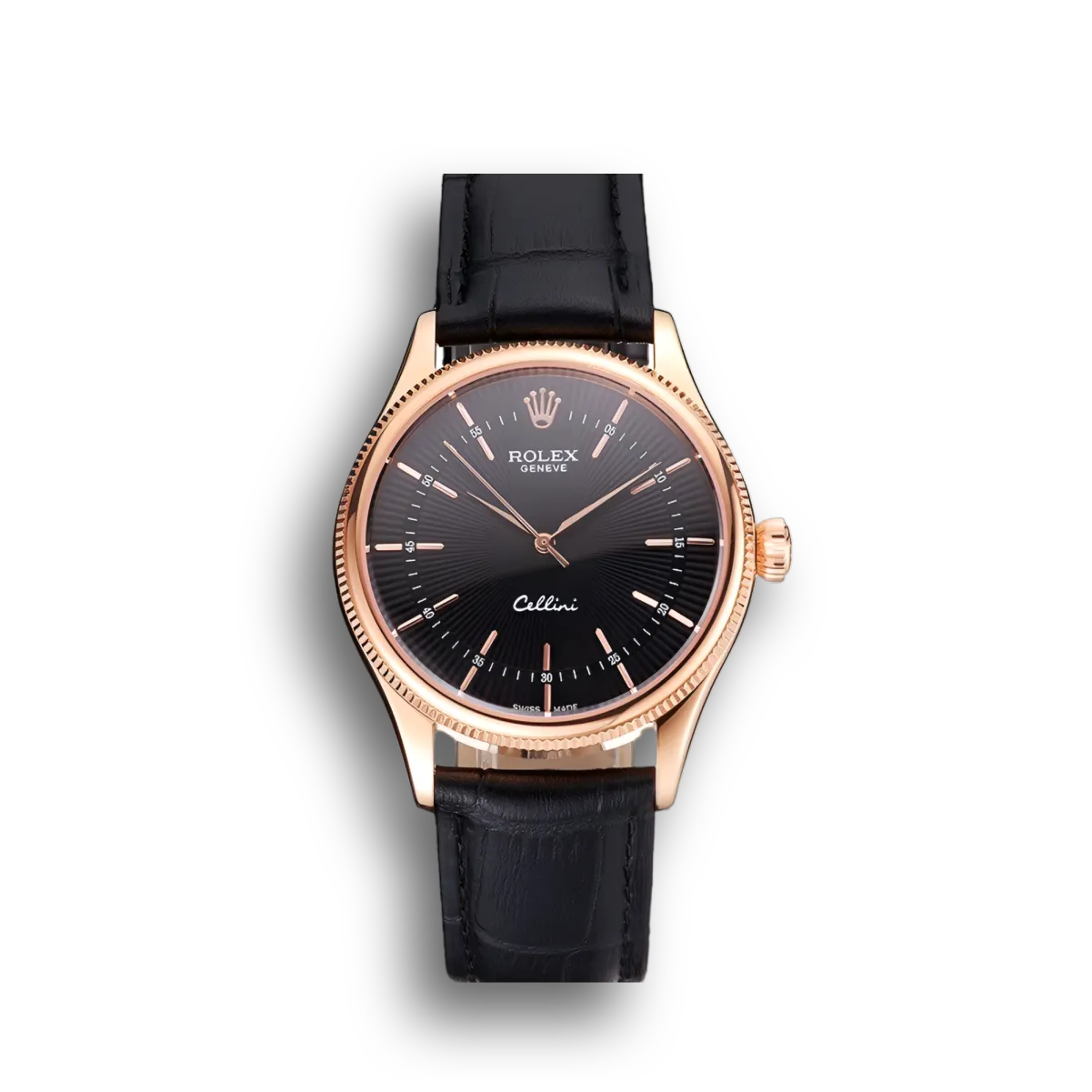 Swiss Cellini Black Dial Rose Gold Markings Rose Gold Case Black Leather Strap