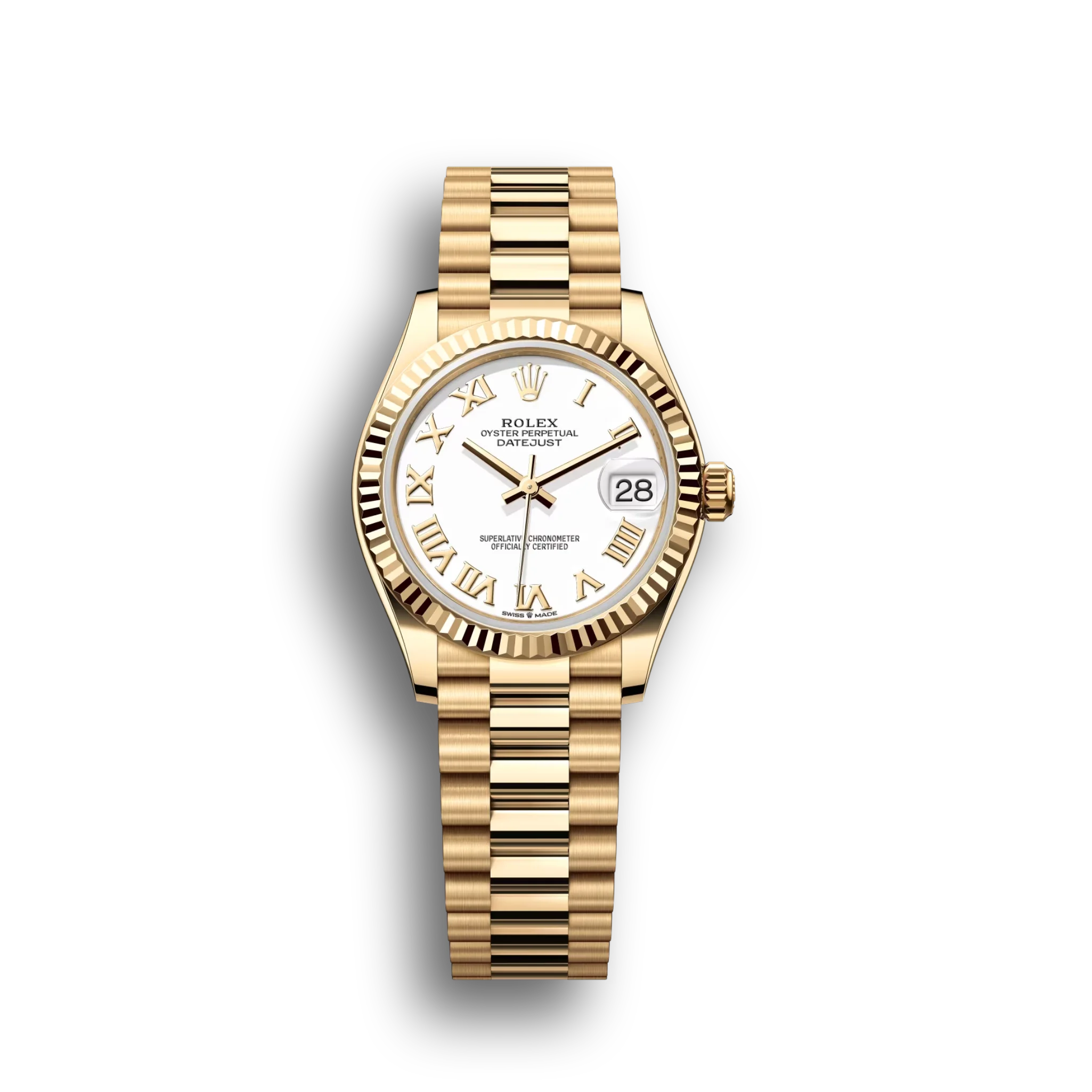 Datejust: Yellow gold, white dial, President bracelet, m278278-0020