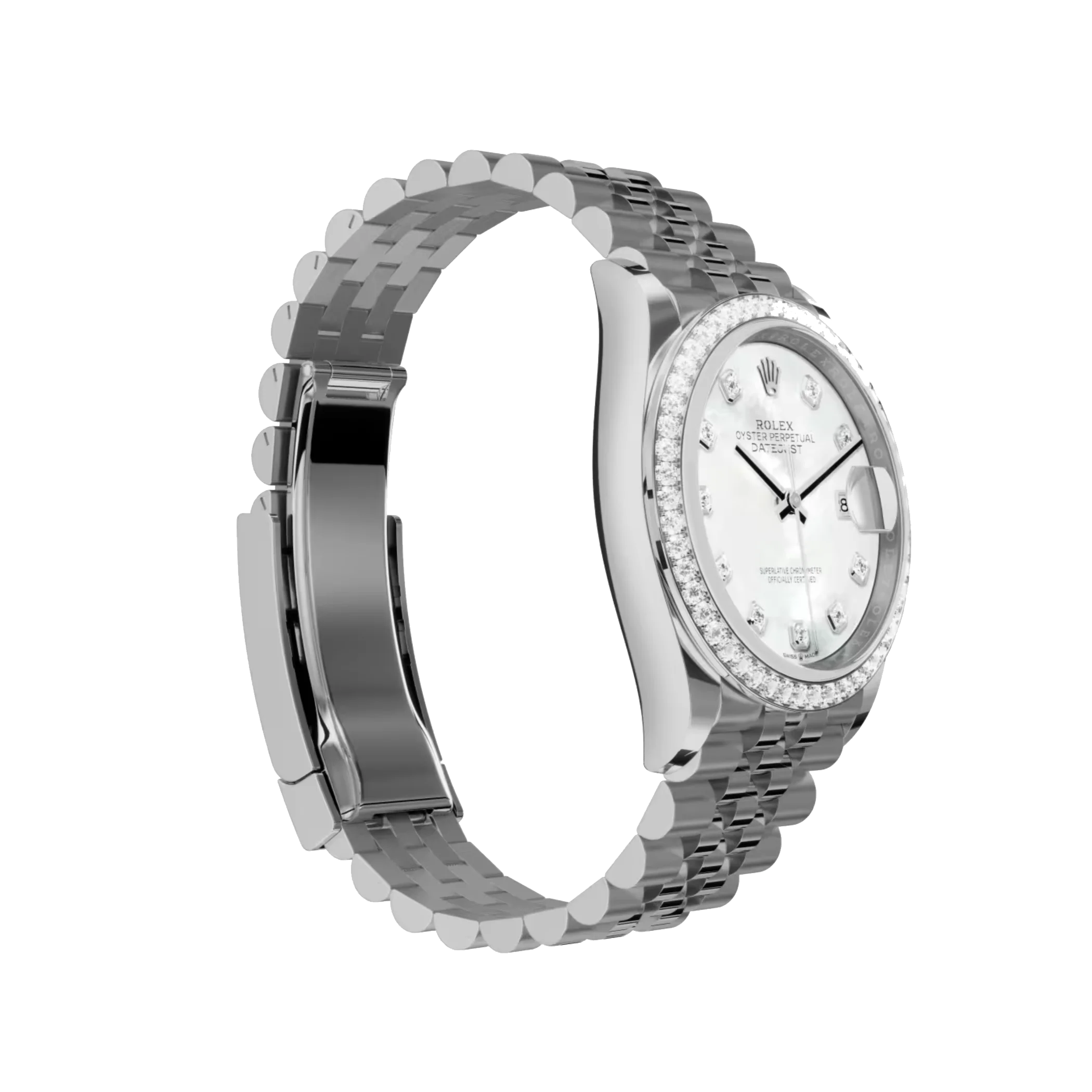 Datejust: Oystersteel and white gold, white mother-of-pearl, diamond-set dial, Jubilee bracelet, m278384rbr-0008