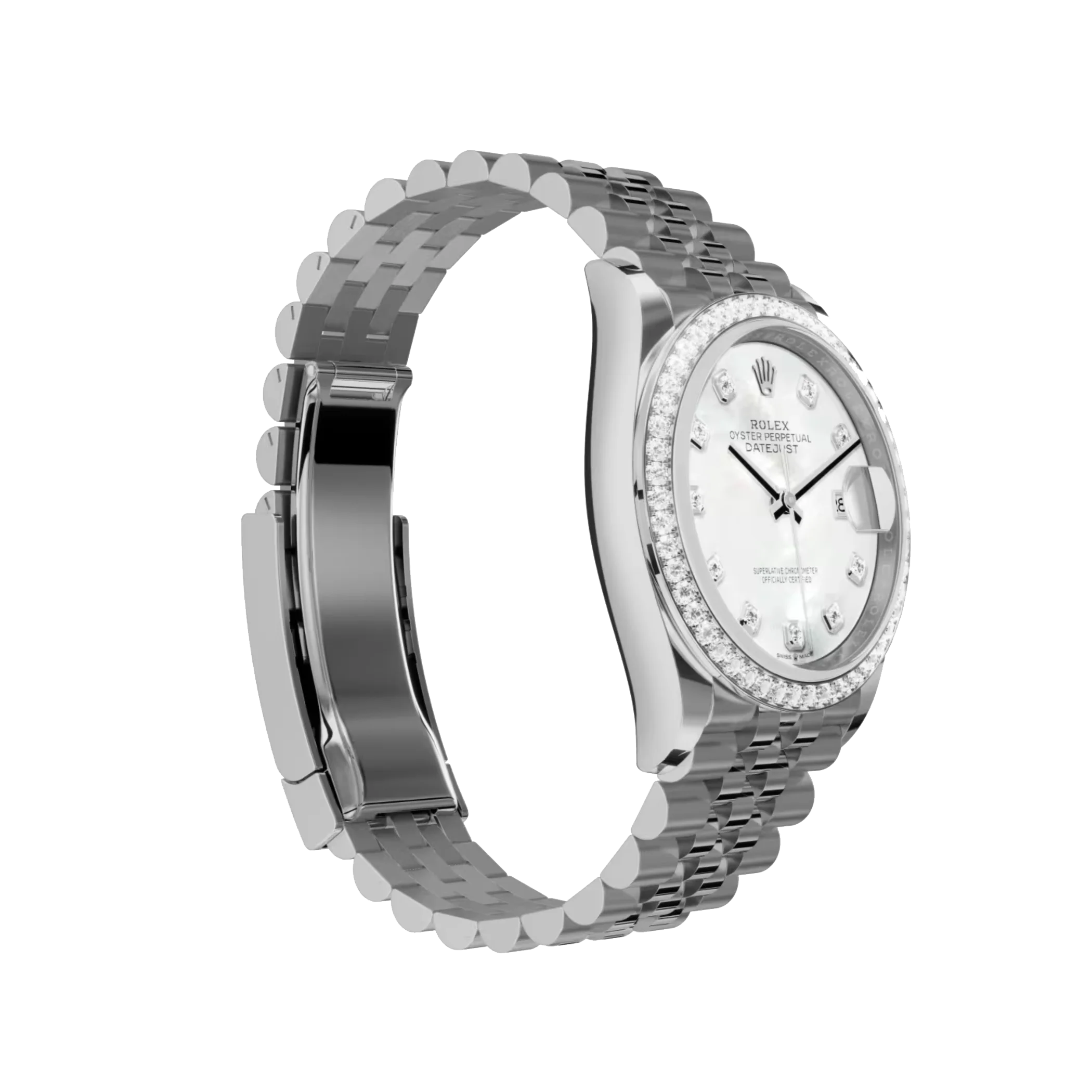 Datejust: White gold, white mother-of-pearl, diamond-set dial, Jubilee bracelet, m126284rbr-0011