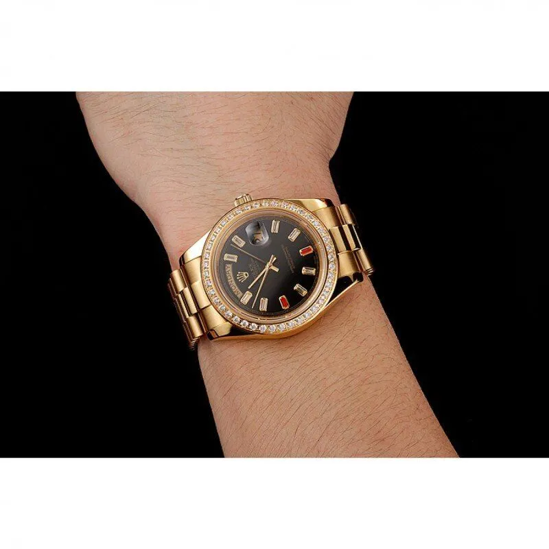 Swiss Day-Date Diamonds And Rubies Black Dial Yellow Gold Bracelet 1454101