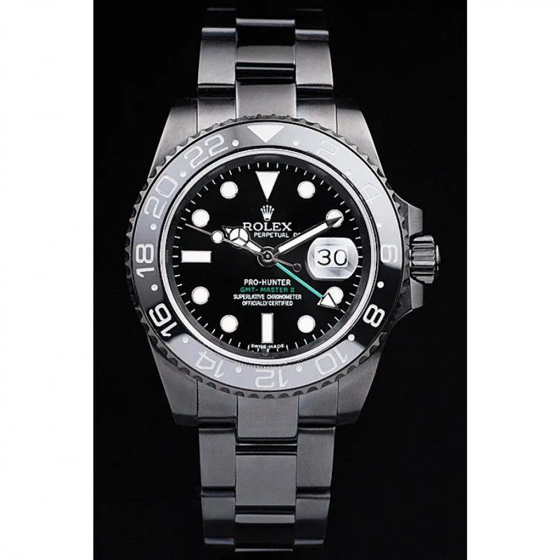 Swiss GMT Master II Pro-Hunter Black Steel Strap Black Dial