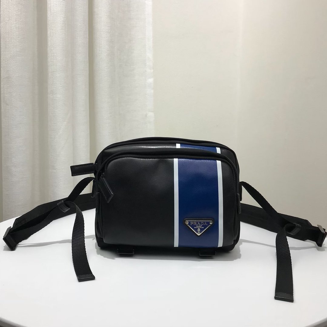 Prada 2VH043 Men Technical Fabric and Leather Bandoleer Bag Black