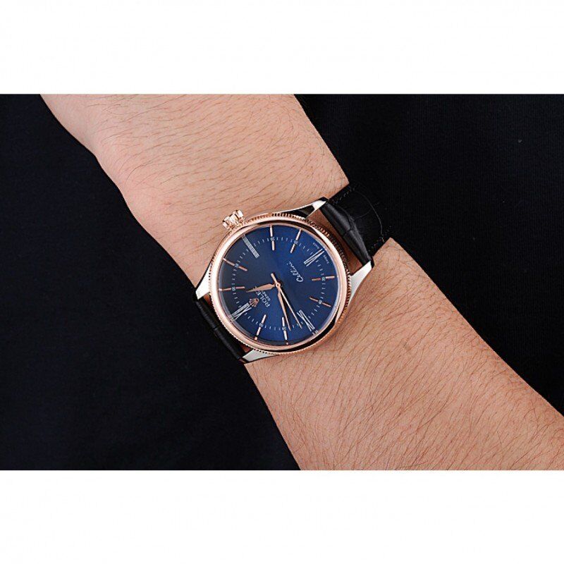 Cellini Blue Dial Gold Bezel Stainless Steel Case Black Leather Strap 622841