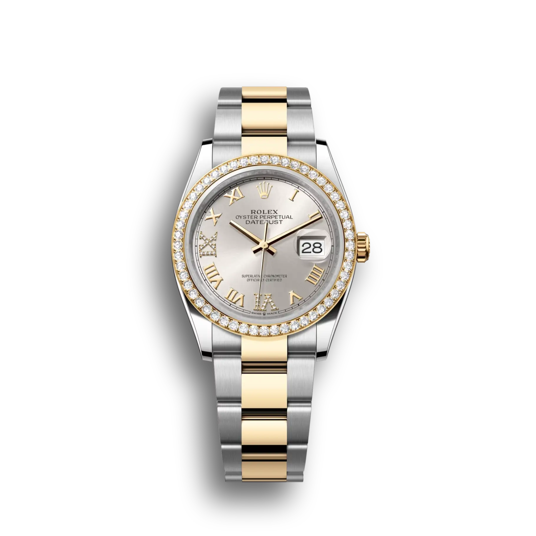 Datejust: Oystersteel and yellow gold, silver, diamond-set, m126283rbr-0018