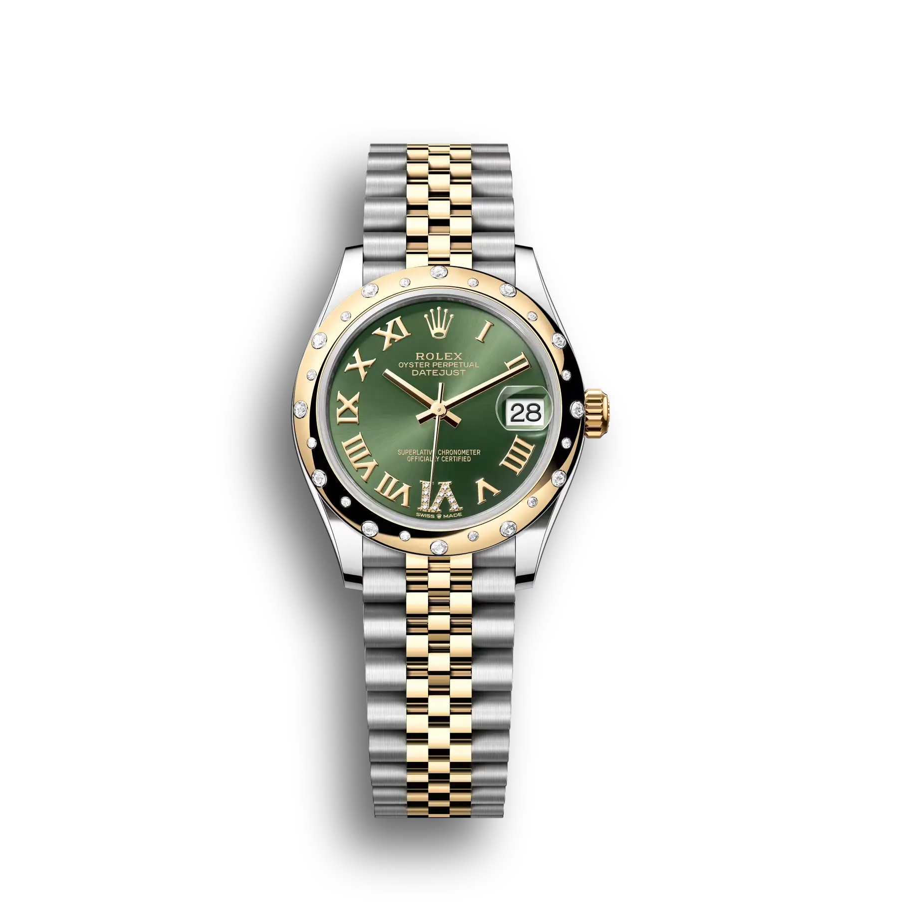 Datejust: Oystersteel and yellow gold, olive-green, diamond-set, m278343rbr-0016