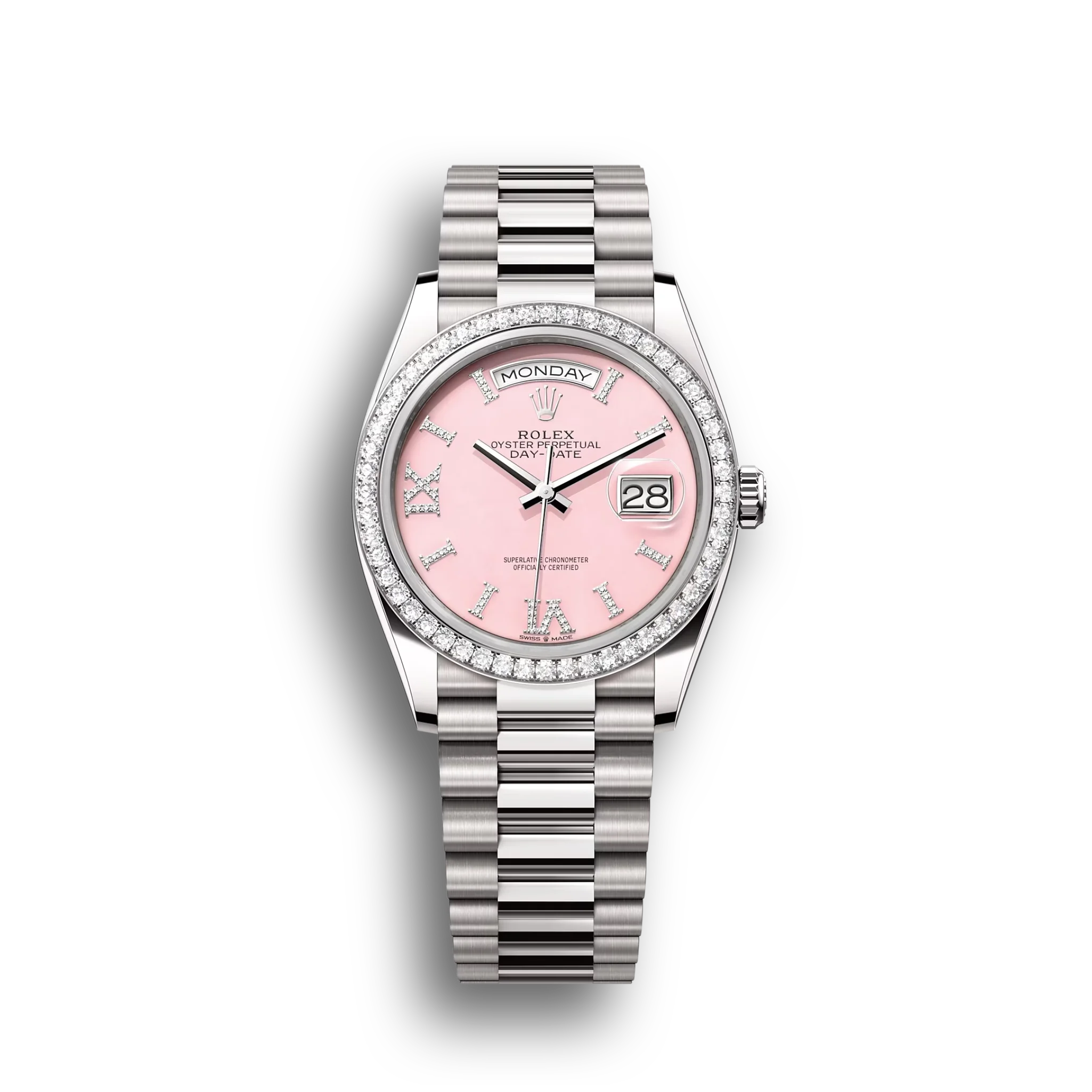 Day-Date: White gold, pink opal, diamond-set dial, diamond-set bezel, President bracelet, m128349rbr-0008