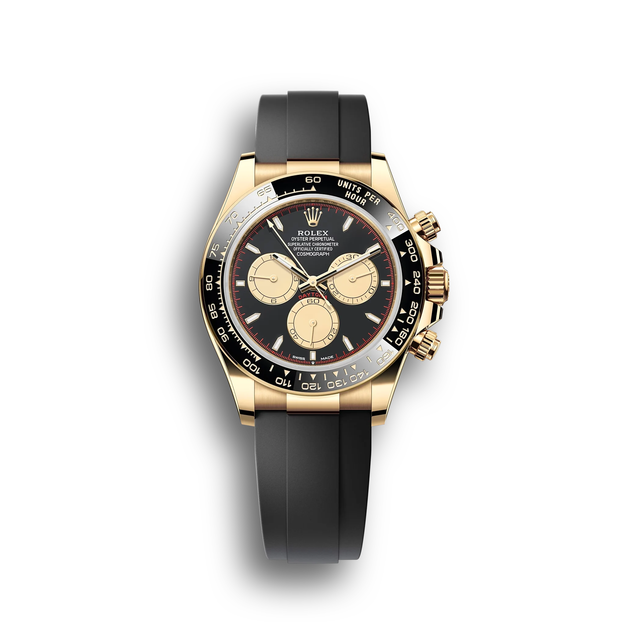 Daytona Cosmograph: Oyster, Yellow gold, intense black and champagne-colour dial,Oysterflex bracelet, black Cerachrom bezel, tachymetric scale, m126518ln-0004