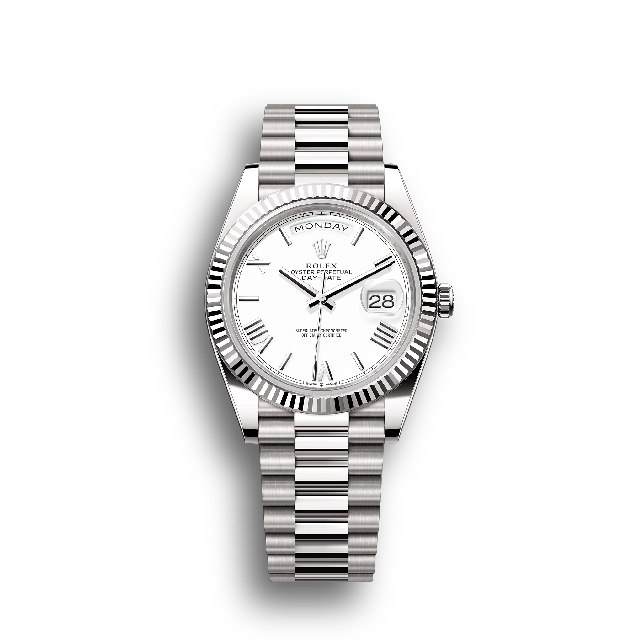 Day-Date: White gold, white dial, fluted bezel, President bracelet, m228239-0046