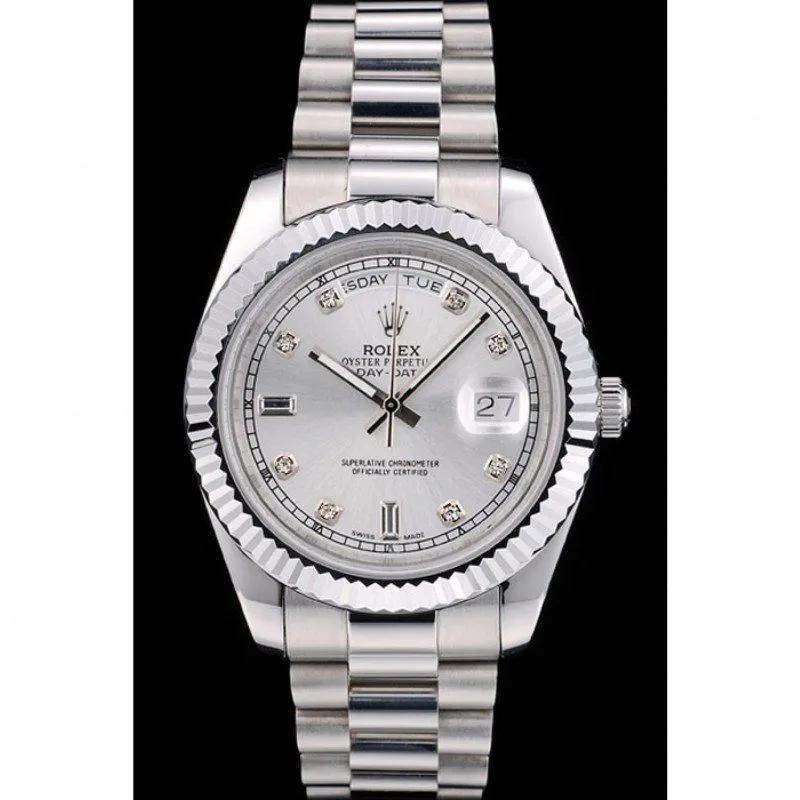 Swiss DayDate Stainless Steel Ribbed Bezel Silver Dial 41995