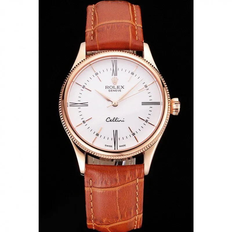 Swiss Cellini White Dial Roman Numerals Rose Gold Case Light Brown Leather Strap