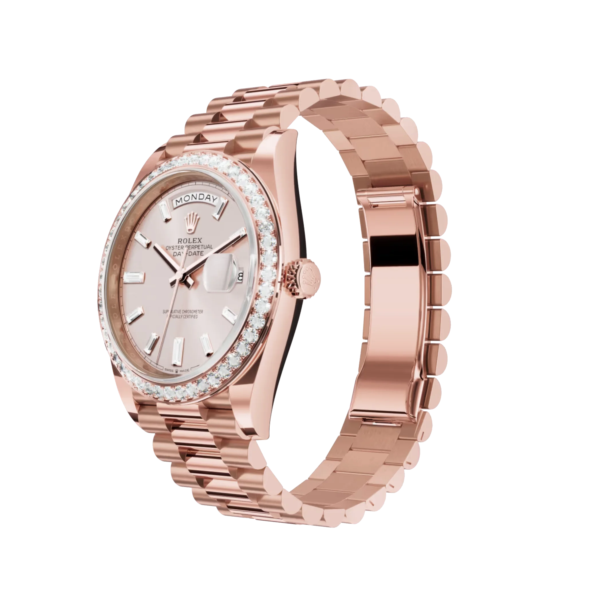 Day-Date: 40 Everose gold, with a sundust, diamond-set dial, diamond-set bezel and a President bracelet, m228345rbr-0007