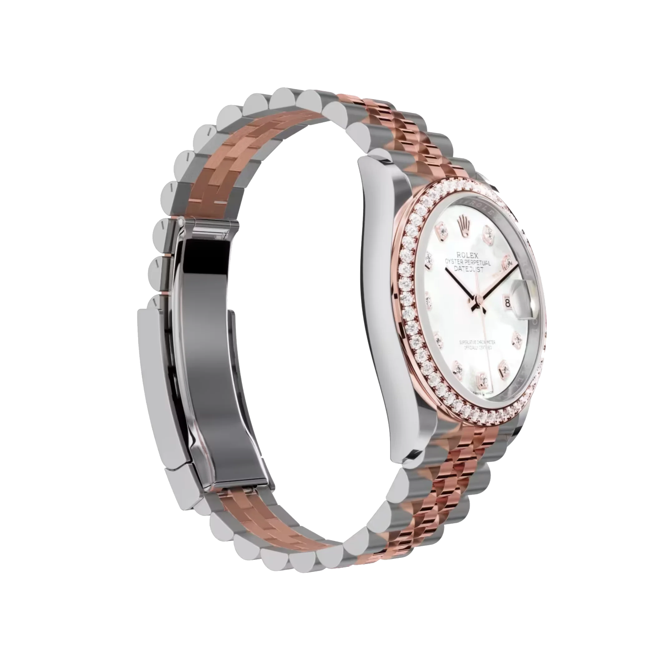 Datejust: Everose gold, white mother-of-pearl, diamond-set dial, Jubilee bracelet, m126281rbr-0009