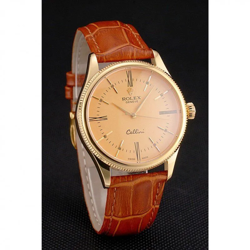 Swiss Cellini Gold Dial Roman Numerals Gold Case Light Brown Leather Strap