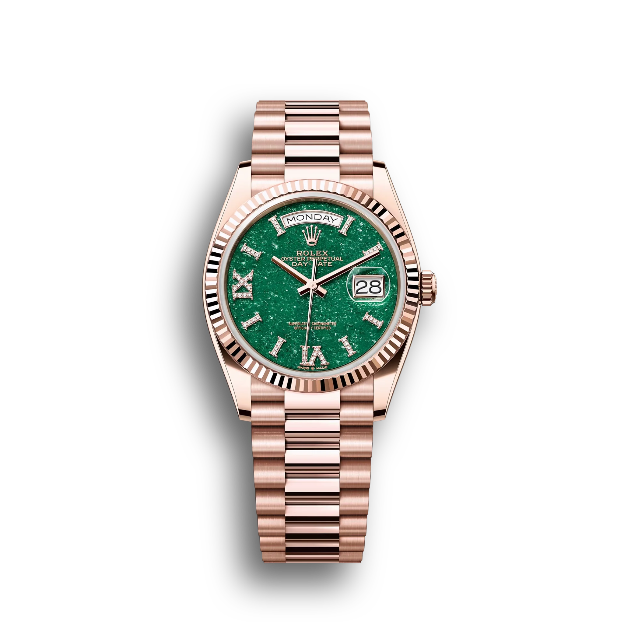 Day-Date: Everose gold, green aventurine, diamond-set dial, fluted bezel, President bracelet, m128235-0068