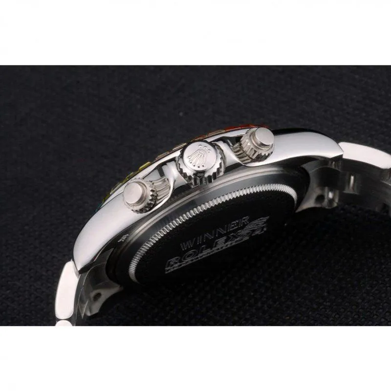 Daytona Cosmograph Rainbow Crystals Bezel Stainless Steep Strap Black Dial 80250