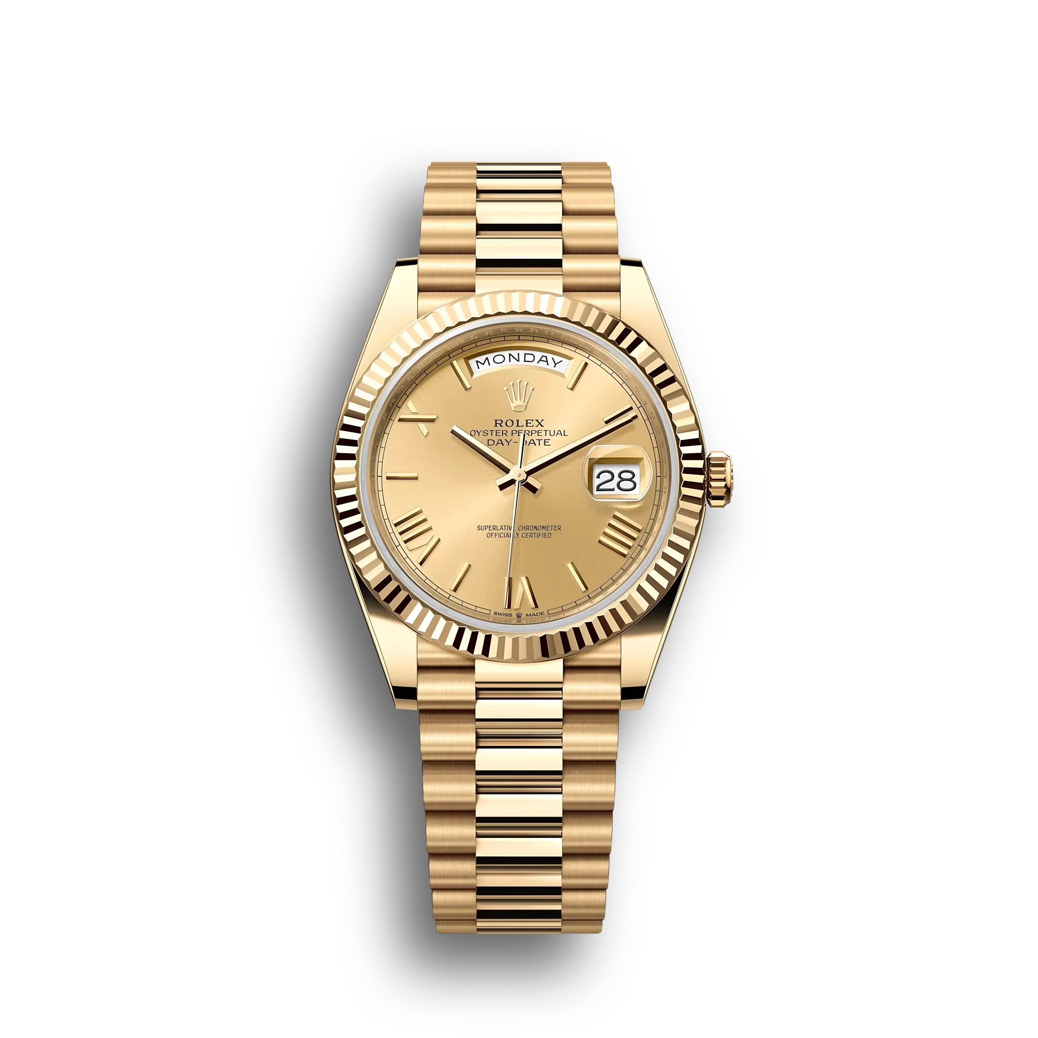 Day-Date: Yellow gold, champagne-colour dial, fluted bezel, President bracelet, m228238-0006