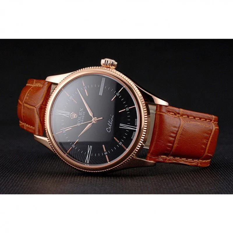 Swiss Cellini Black Dial Roman Numerals Rose Gold Case Light Brown Leather Strap