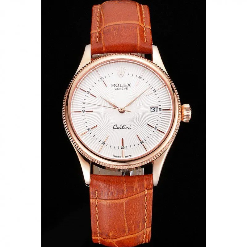 Swiss Cellini Date White Dial Rose Gold Case Brown Leather Strap