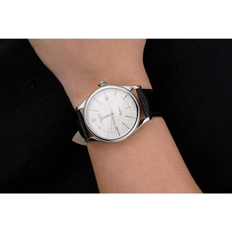 Swiss Cellini Date White Dial Stainless Steel Case Black Leather Strap