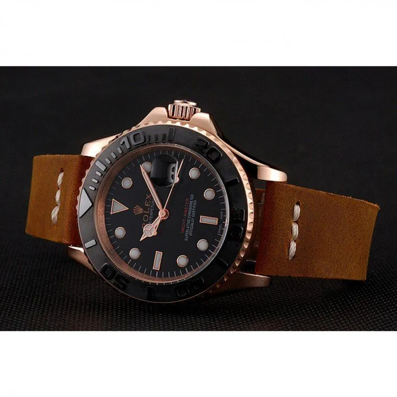 Yacht-Master Black Dial Rose Gold Case Brown Leather Bracelet 1453861