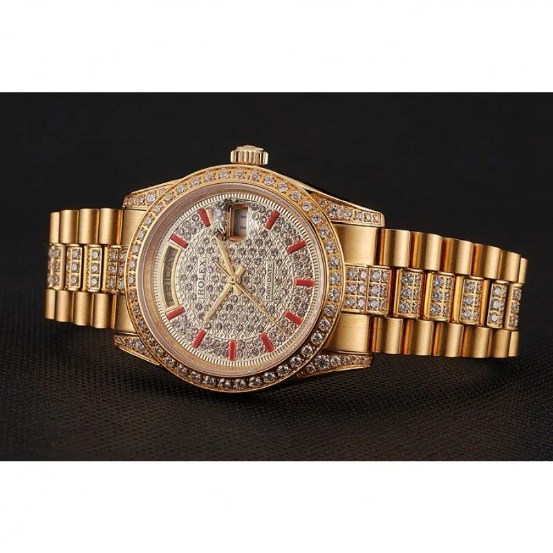 Swiss Day-Date Red Diamond Pave Dial Gold Diamond Bracelet 1453960