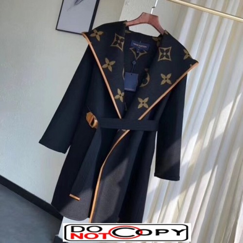 louis vuitton hooded wrap cashmere coat with belt 1A82GP BLACK/BEIGE