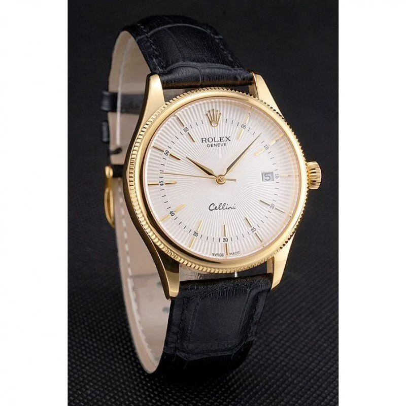Swiss Cellini Date White Dial Gold Case Black Leather Strap