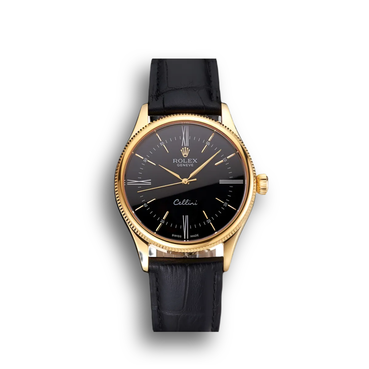 Swiss Cellini Black Dial Roman Numerals Gold Case Black Leather Strap