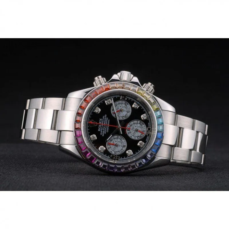 Daytona Cosmograph Rainbow Crystals Bezel Stainless Steep Strap Black Dial 80250