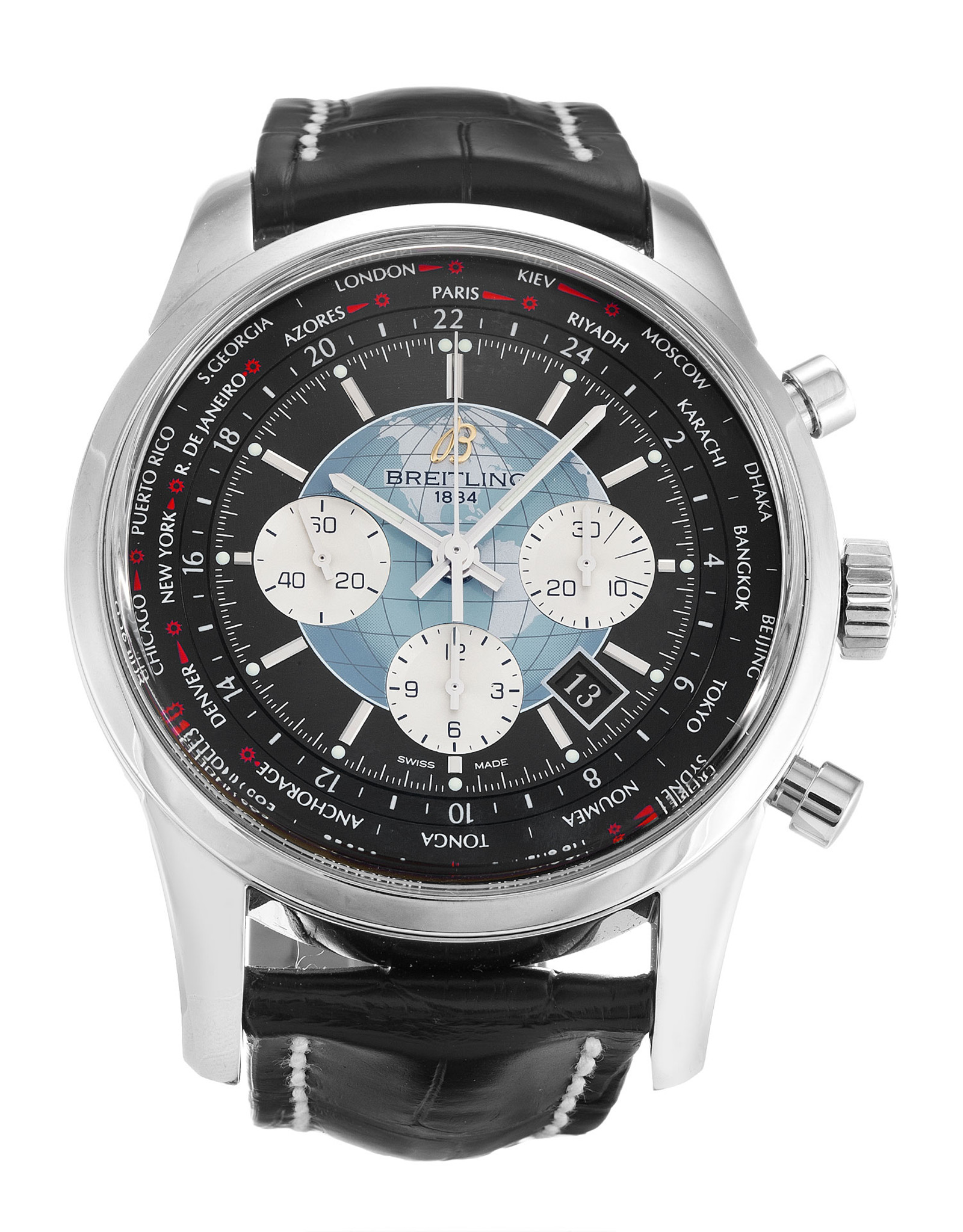 Transocean Chronograph Black Dial Leather Strap AB0510