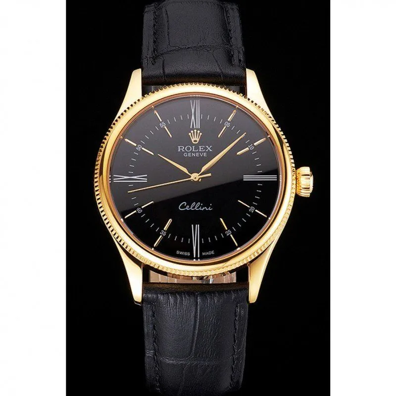 Swiss Cellini Black Dial Roman Numerals Gold Case Black Leather Strap
